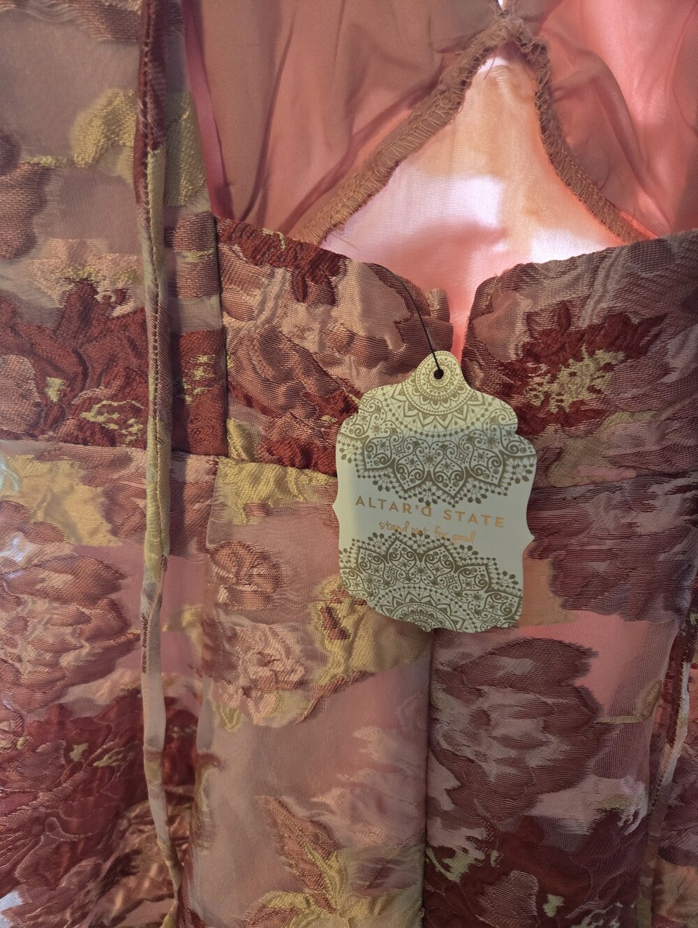 Altar'd State Pink and Gold Floral Brocade Slip Dress
